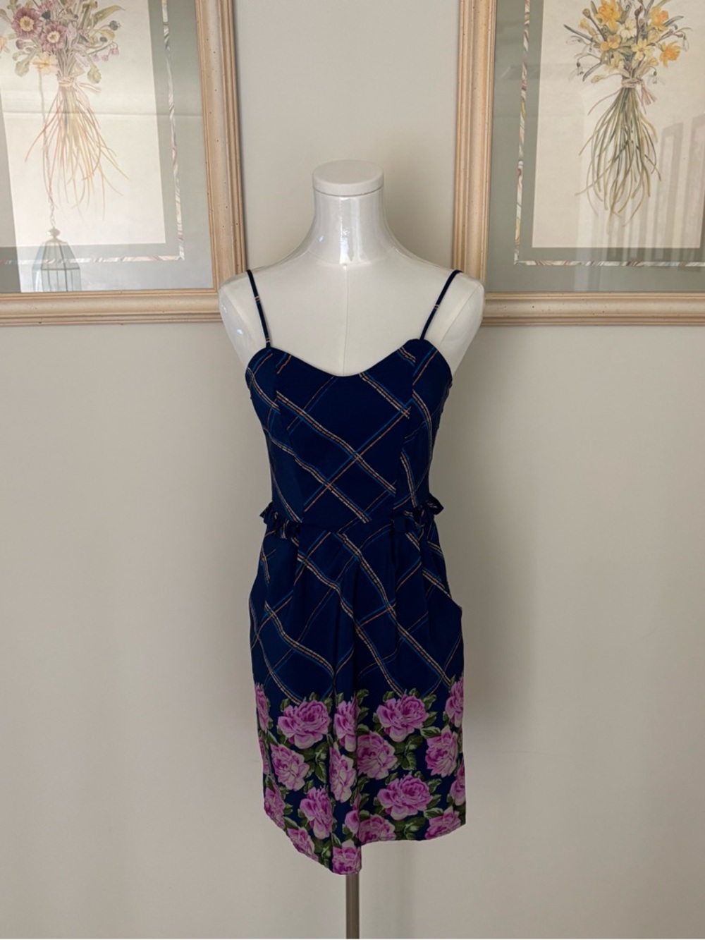 Navy Plaid Floral Spaghetti Strap Mini Dress